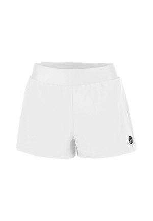 Weiße Sportshorts mit einem breiten elastischen Bund und einem kleinen schwarzen runden Logo am unteren linken Bein.