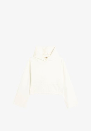 Przycięta bluza z kapturem z miękkiego, jasnobeżowego materiału. Posiada wysoki kołnierz, długie rękawy i prosty fason bez ozdób.