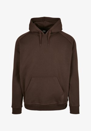 Brun hættebluse lavet af blødt materiale, med en frontlomme, ribbede nærme og kant. Glat tekstur med justerbare snore.