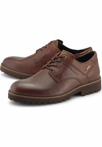 Braune Leder Schuhe mit glatter Oberfläche, Schnürdesign, runder Zehenpartie und Gummisohle mit strukturiertem Grip. Mit einem Logo an der Seite akzentuiert.