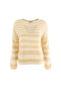Maglione a righe in morbido giallo e crema, con scollatura rotonda, maniche lunghe e un design a forma di cuore realizzato in una texture soffice.