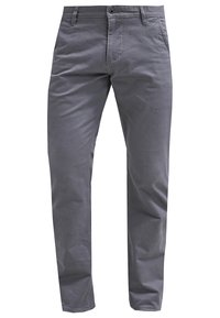 Graue Baumwoll-Chinos mit einem geraden Bein, ausgestattet mit Fronttaschen, einem Knopfverschluss und minimalen Nahtdetails.