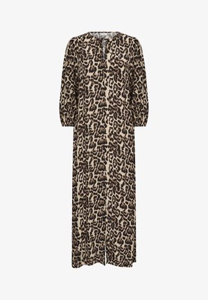 Leopardmønstret kjole i beige og sort med rund halsudskæring og bindebånd, lange pufærmer og lige ankel-længde design.