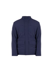 Giacca softshell navy con chiusura a zip, colletto alto, due tasche anteriori e due tasche sul petto. Texture liscia e design aderente.
