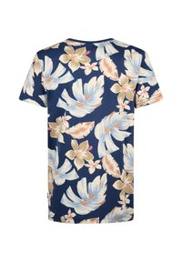 T-shirt s krátkým rukávem v námořnické modři s velkými, světlými květinovými a listovými vzory; vyrobený z měkké tkaniny, s klasickým dekoltem. 