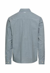 Koszula z długim rękawem w niebiesko-biały wzór w kratę gingham, z kołnierzykiem zapinanym na guziki i guzikami na mankietach, wykonana z lekkiego materiału.