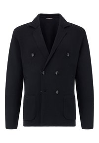 Tumes sinise topeltkinnisega bleiser, mis on valmistatud tekstureeritud kangast, varustatud sakiliste kraede, nelja nupuga ja kahe esiosa taskuga.