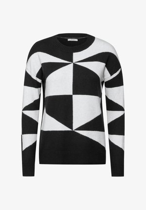 Sweter w czarno-białym geometrycznym wzorze z okrągłym dekoltem i długimi rękawami, z kontrastującymi trójkątnymi kształtami i prążkowanym wykończeniem u dołu.