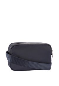 Borsa a tracolla in nylon nero con chiusura a zip, tracolla testurizzata, forma rettangolare e superficie liscia. Adatta all'uso quotidiano.