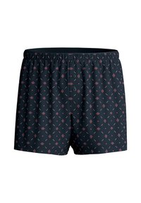 Boxershort in marineblauw stof met een herhalend ruit- en lijnpatroon in rood en wit. Voorzien van een elastische tailleband en een knoopsluiting.
