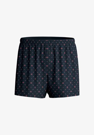 Boxer shorts in navy fabric with a repeating diamond and line pattern in red and white. Features an elastic waistband and button fly closure.