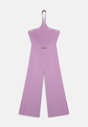Lavender jumpsuit featuring a fitted bodice, wide-leg pants, subtle side slits, and a decorative belt with a gold-tone buckle.