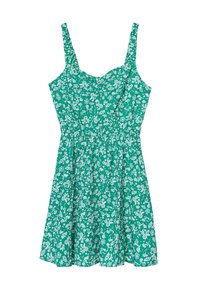 Robe fleurie verte à bretelles spaghetti, corsage ajusté, taille froncée et jupe évasée. Le tissu présente des motifs floraux blancs sur un fond uni.
