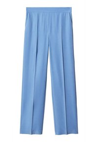 Lichtblauwe, wijde broek met een gladde textuur, voorzien van plooien aan de voorkant en zijzakken. Elastische tailleband voor comfort.