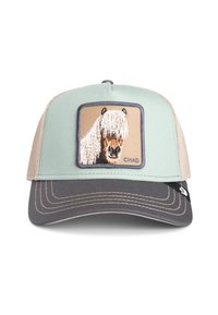 Czapka trucker w miętowym kolorze z beżową siateczką. Zawiera prostokątną naszywkę z wizerunkiem konia z długą sierścią oraz ciemnoszarym daszkiem.