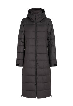 Melnā polsterētā parka jaka ar kapuci, ar garu dizainu, priekšējo rāvējslēdzēju, sānu kabatām un elastīgām aprocēm papildu siltumam.