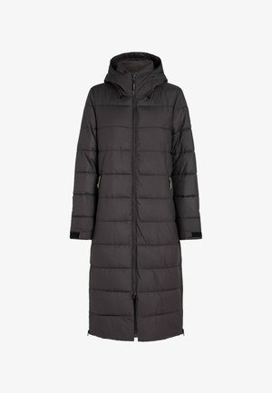 Melnā polsterētā parka jaka ar kapuci, ar garu dizainu, priekšējo rāvējslēdzēju, sānu kabatām un elastīgām aprocēm papildu siltumam.