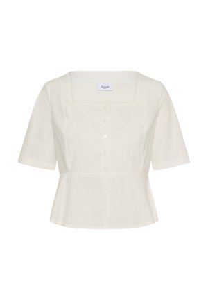 Blouse blanche à manches courtes avec encolure carrée, fermeture boutonnée à l'avant et ourlet légèrement évasé.