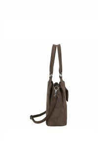 Bolso tote de piel sintética marrón con asas dobles y una correa para el hombro desmontable; presenta un acabado texturizado y detalles en metal plateado.