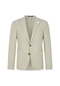 Helle beigefarbene maßgeschneiderte Blazerjacke aus strukturiertem Stoff. Verfügt über zwei Fronttaschen, zwei Knöpfe und einen dekorativen Blumenakzent am Revers.