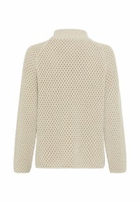 Hellbeige gestrickter Pullover mit einem strukturierten, offenen Netzdesign. Verfügt über einen hohen Kragen und lange Ärmel, Schnitt für eine lockere Passform.