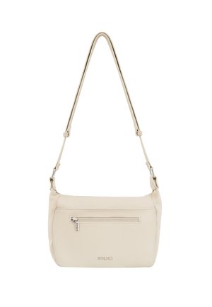 Beżowa skórzana torba na ramię z regulowanym paskiem, przednią kieszenią na suwak oraz wytłoczonym logo "RYŁKO".