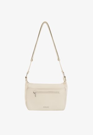 Beżowa skórzana torba na ramię z regulowanym paskiem, przednią kieszenią na suwak oraz wytłoczonym logo "RYŁKO".