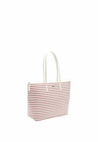 Borsa a tracolla a righe rosse e bianche con due manici bianchi, chiusura con zip e un piccolo logo sul davanti. Realizzata in materiale resistente.