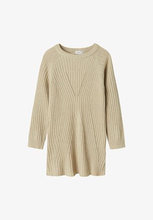 Beige gerippter Strickpullover mit Rundhalsausschnitt, langen Ärmeln, strukturiertem Muster und seitlichen Schlitzen für zusätzlichen Bewegungsfreiheit und Stil.