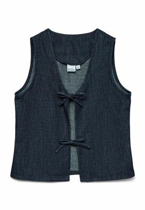 Veste en denim foncé sans manches avec deux fermetures à nouer à l'avant et un col rond, fabriquée en tissu texturé.