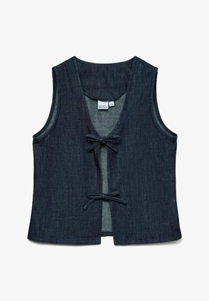 Gilet in denim scuro senza maniche con due chiusure frontali a nodo e scollo rotondo, realizzato in tessuto strutturato.