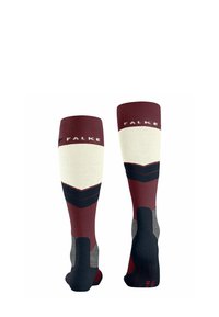 Calze al ginocchio in bordeaux, crema e blu navy, con un motivo a zigzag, parte superiore testurizzata e rinforzi sulla punta e sul tallone.