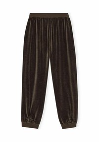 Velvet loungebyxor i mörkbrun, med avslappnad passform, elastiskt midjeband och ribbade mudd vid anklarna för en bekväm design.