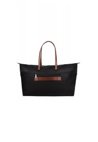Borsa a spalla nera in tessuto con manici in pelle marrone, chiusura con zip e tasca frontale con zip. Design spazioso con una texture liscia.