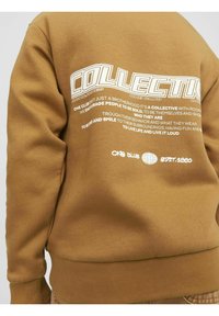 Sudadera marrón hecha de una mezcla de algodón que presenta un texto blanco en negrita con tipografía curva y recta en la parte posterior, puños y dobladillo acanalados.