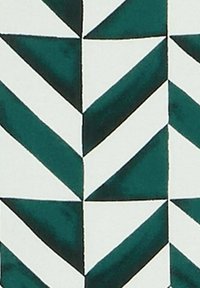 Geometrisk tyg med ett mönster av teal- och vita trianglar arrangerade i ett chevronmönster; slät textur och djärv färgkontrast.