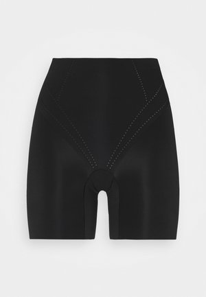 Black high-waisted shorts made from smooth, stretchy fabric. Features curved seams and a cut-out shape at the center for comfort.