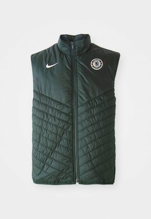 Grønne polstrede veste lavet af syntetisk materiale, med høj krave, lynlås lukning, diagonalt quiltet mønster og et Chelsea FC-logo på brystet.