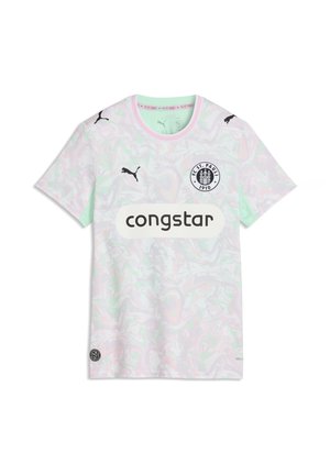 Kortærmet hvid og lyspastel lyserød FC St. Pauli fodboldtrøje med sorte Puma-logoer og sponsor teksten "congstar" foran.