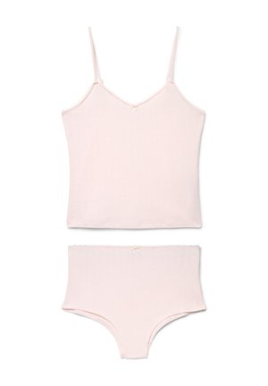 Canotta rosa chiaro a coste con spalline sottili e intimo a coste a vita alta abbinato, entrambi con piccoli fiocchi davanti.