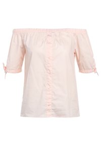 Schulterfreies, blush-pinkes Shirt mit kurzen Ärmeln, Knopfleiste und Schleifenakzenten an den Ärmeln. Aus leichtem Baumwollstoff gefertigt.