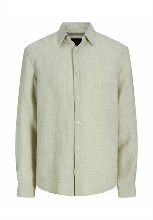 Camicia beige in lino a maniche lunghe con colletto a punta e sette bottoni frontali, mostrata su sfondo bianco.