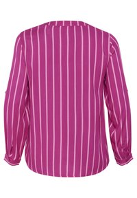 Long-sleeve blouse in fuchsia with thin pink vertical stripes. Features a round neckline and buttoned cuffs. Soft, textured fabric.