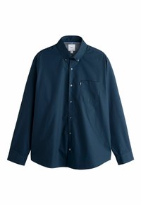 Tengerészkék hosszú ujjú ing gombos gallérral, mellzsebbel és sima pamut anyagból. Egyszerű, mintázat nélküli kialakítás.