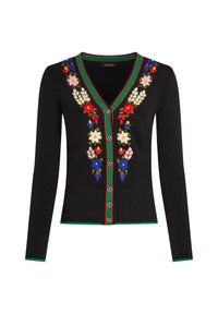 Cardigan noir à manches longues, encolure en V, broderie florale en rouge, rose, bleu et vert. Présente des boutons décoratifs et des accents verts.