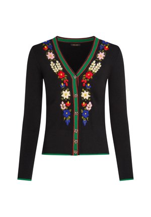 Black cardigan with long sleeves, V-neck, floral embroidery in red, pink, blue, and green. Features decorative buttons and green accents.