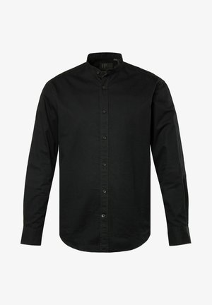 Camicia nera a maniche lunghe con colletto rialzato, realizzata in un tessuto liscio. Presenta una chiusura frontale con bottoni e un taglio dritto.