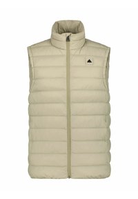 Gilet imbottito senza maniche di beige chiaro con colletto alto, design a righe orizzontali, zip frontale e un piccolo logo triangolare sul petto.