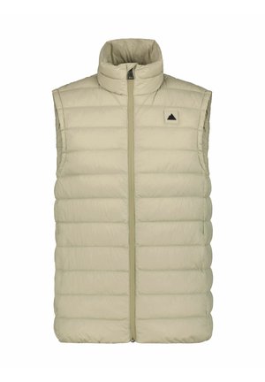 Gilet imbottito senza maniche di beige chiaro con colletto alto, design a righe orizzontali, zip frontale e un piccolo logo triangolare sul petto.