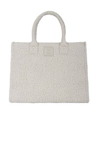 Borsa a tracolla color avorio realizzata in materiale testurizzato con due manici e una patch logo quadrata sul davanti. Forma rettangolare, aspetto morbido.